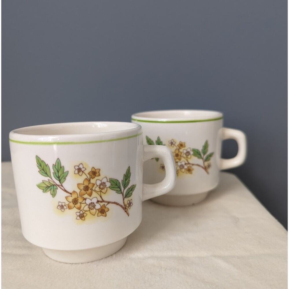 Vtg Coffee Cups Pair Yellow Flowers Green Band Stoneware MCM Oxford Brazil